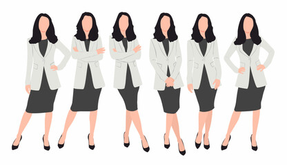 Elegant pretty business woman in formal clothes. Base wardrobe, feminine corporate dress code. Collection of full length portraits of business woman. Vector illustration isolated on white.