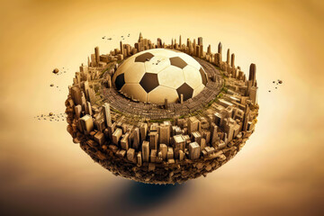 football shape earth with buildings and citiesaround the soccer ball,