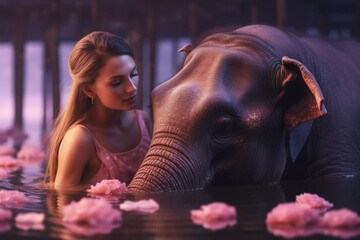 Girl and elephant Kindness for animals