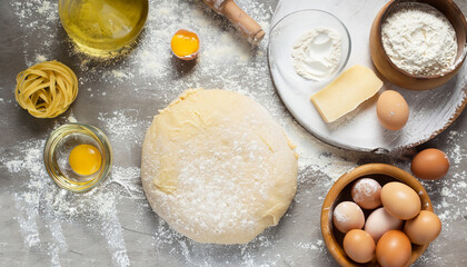 Dough and ingredients for the preparation of pasta, dough, eggs, flour, water and salt on a light rustic old table. Top view.