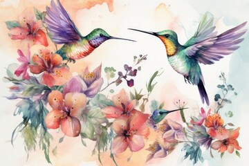 Watercolor hummingbirds birds. Generate Ai