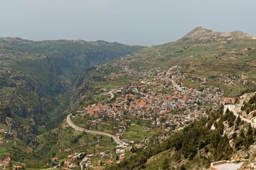 Fototapeta na wymiar View of Bsharri town in Kadisha Valley. Lebanon.