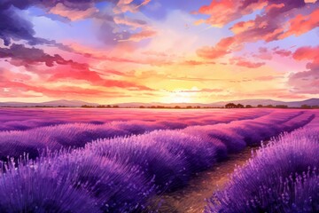 Watercolor lavender field. Generate Ai