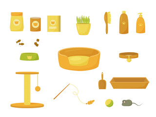 Set of cat supplies and accessories. Food, bowls, treats, toys, collar, scratching post, bed. Vector illustration.