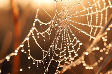 Close-up of dew drops on a spider web, backlit by dawn's light