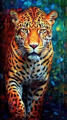 Leopard in Stained Glass Style on Dark Background. Generative AI