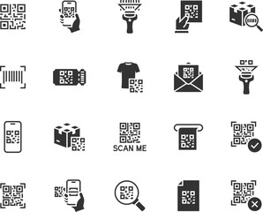 Vector set of QR code flat icons. Contains icons show code, scan me, barcode, scanner, package code, ticket, scanning process and more. Pixel perfect.