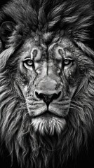 Roaring Majesty: Black and White Lion on Dark Background. Generative AI