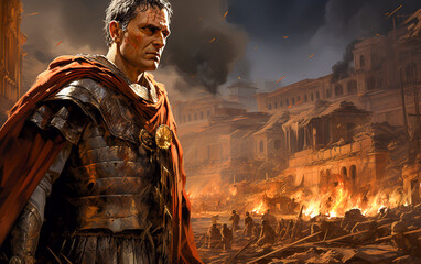 Painted illustration of Julius Caesar during the Battle of the Nile