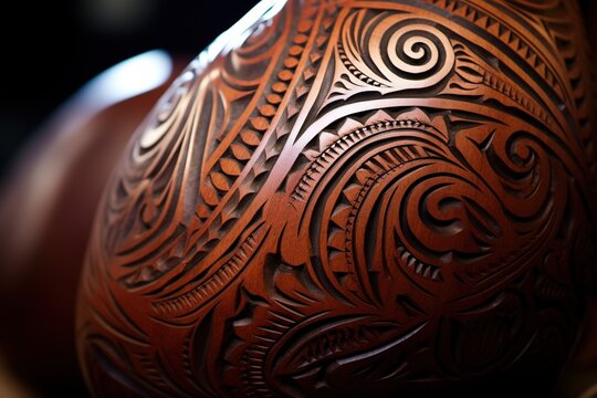Close-up of intricate Maori tattoo patterns on a gourd