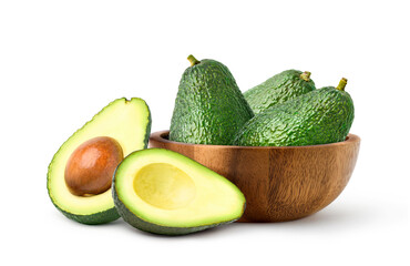 Avocado with cut in half isolated on white background.