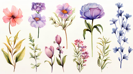 watercolor flowers set on light background