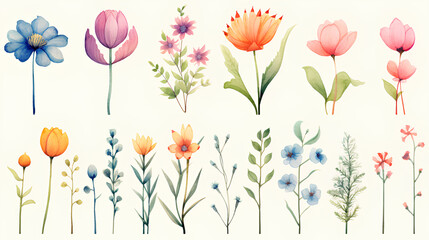 watercolor flower set collection on light background