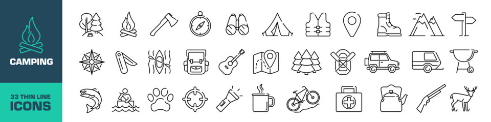 Camping icon set. Linear style.