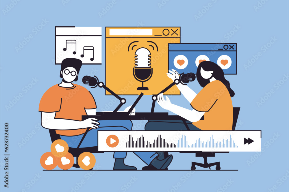 Poster Podcast streaming concept with people scene in flat design for web. Journalist and host broadcasting in and live discussing at studio. Vector illustration for social media banner, marketing material.