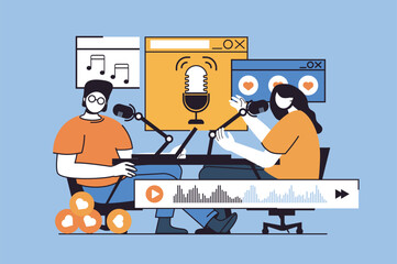 Podcast streaming concept with people scene in flat design for web. Journalist and host broadcasting in and live discussing at studio. Vector illustration for social media banner, marketing material.