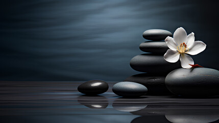 Obraz na płótnie Canvas zen spa concept with white flower and pebbles on black background. 3 d rendering illustration, 3 d illustration