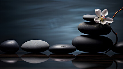 Obraz na płótnie Canvas stones with sakura flower on a black background. zen concept.