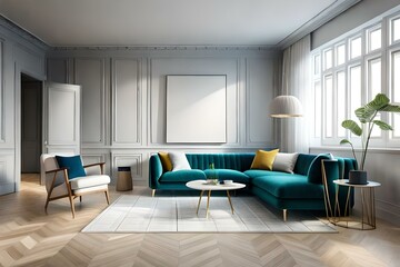 Naklejka na ściany i meble Modern interior of Scandinavian style. 3D rendering. blank poster mock up