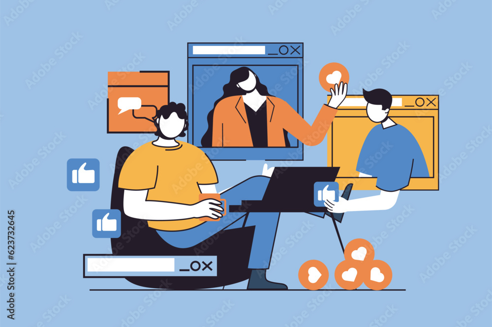 Leinwandbilder video chatting concept with people scene in flat design for web. man and woman connecting and talkin