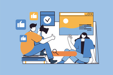 Photo studio concept with people scene in flat design for web. Photographer with camera making creative shooting with posing model. Vector illustration for social media banner, marketing material.