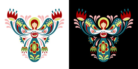 Vector color image with an angel with floral ornament based on Ukrainian embroidery on a white and black background.