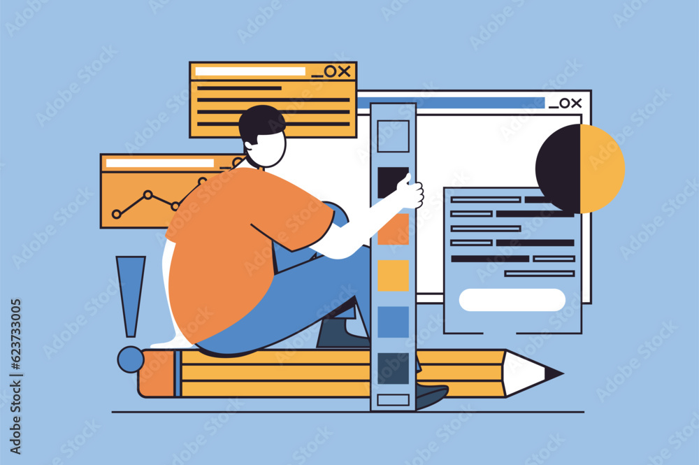 Fototapete designer studio concept with people scene in flat design for web. man drawing graphic elements and c