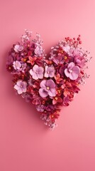 Romantic Red Flowers in Heart Shape on Pink Background AI Generated