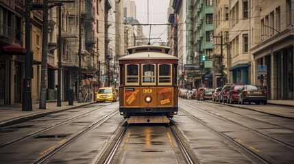 Fototapeta na wymiar Vintage tram running through a street in a European city