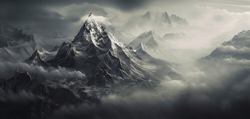 Dramatic snow-capped mountains landscape. Clouds and fog covers stone slopes. Generative AI