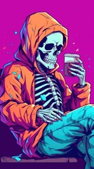 Vibrant Streetwear Skeleton with Cigarette and Smartphone AI Generated