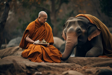 Buddhist Monk with an Elephant love and kindness of Buddhism