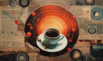 Retro Minimalist Collage of Coffee Cups and Celestial Motifs in a Vintage Coffee Roastery Scene