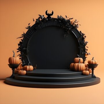 Halloween background with pumpkins on podium. 3d render. AI Generative Illustration. Podium for product shoot.