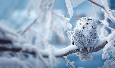 White winter owl perched on a tree branch in a winter snow landscape, beautiful wildlife winter wonderland with copy space snow bird
