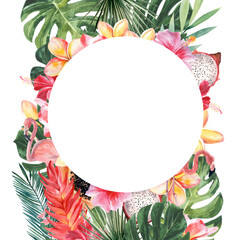 Bright juicy illustration on the theme of tropical plants and beach holidays. Round frame. Watercolor drawing by hand on a white background.