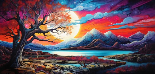 Fototapeta na wymiar painting style illustration banner wallpaper, Autumn season nature landscape, tree at lake side, Generative Ai 