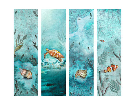 Set of 4 Watercolor Bookmarks with Underwater Images on Letter size with a Transparent Background, Hand-painted Illustrations, Beautiful Water, Under the Sea, Ocean Bookmarks, 2x7 inches