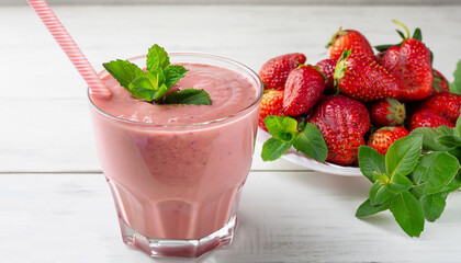Strawberry smoothie. Vegan smoothie or milkshake from strawberry, banana and mint on white wooden table background. Clean eating, alkaline diet. Mock up.
