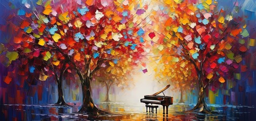 painting style illustration banner wallpaper, Autumn forest with colorful leaves, piano play music in park  Generative Ai - obrazy, fototapety, plakaty