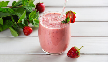 Strawberry smoothie. Vegan smoothie or milkshake from strawberry, banana and mint on white wooden table background. Clean eating, alkaline diet. Mock up.