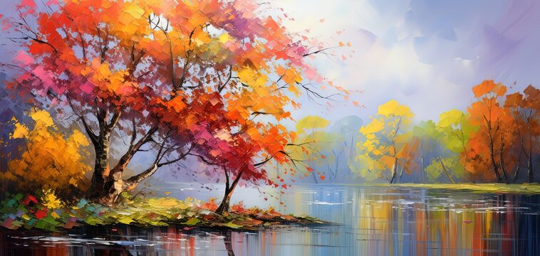 painting style illustration banner wallpaper, Autumn forest with colorful leaves, Generative Ai