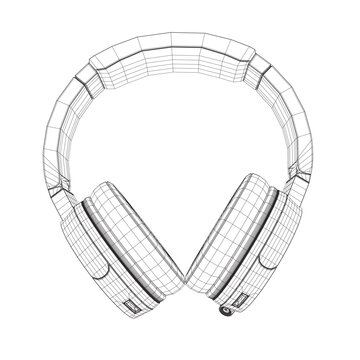 Vector illustration of a black and white wireframe headphones on a white background. Drawn with lines vector isolated of wireless wifi headphones with speaker for listening music and talking.
