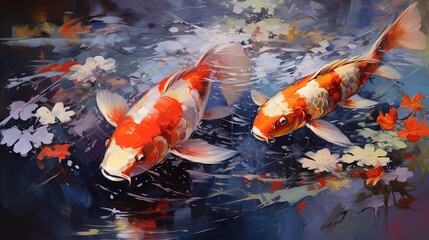 paint like illustration of cute carps swimming in beutiful pond, Generative Ai