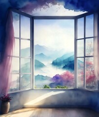 Watercolor Room with Window and Natural Scene