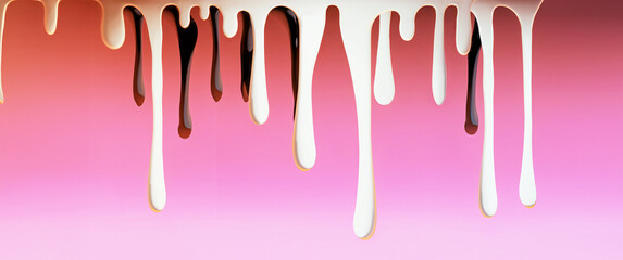 illustrazione formato striscione con vernice colorata fluida che cola su superficie rosa, Generative Ai - obrazy, fototapety, plakaty