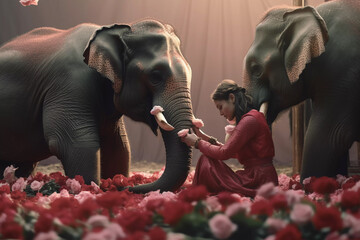 A girl with two elephants love and kindness of Buddhism - obrazy, fototapety, plakaty