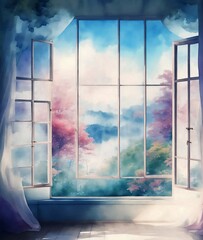 Watercolor Room with Window and Natural Scene