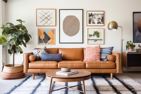 Mid Century Modern Living Room with Leather Sofa.  AI Generative
