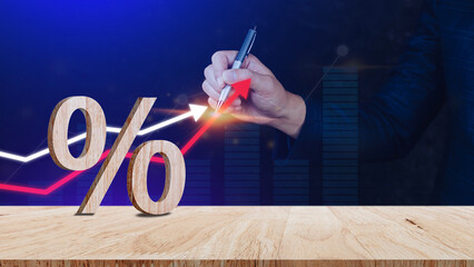 Close-up of percent sign leaning on wooden table, Percentage Sign And Discount Rate. Accountant VAT Tax Concept.